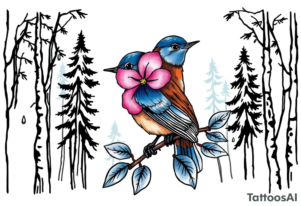 forest trees background
blue rain drops
pink camelia flower
blue and brown wren bird tattoo idea