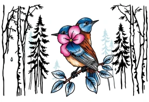 forest trees background
blue rain drops
pink camelia flower
blue and brown wren bird tattoo idea