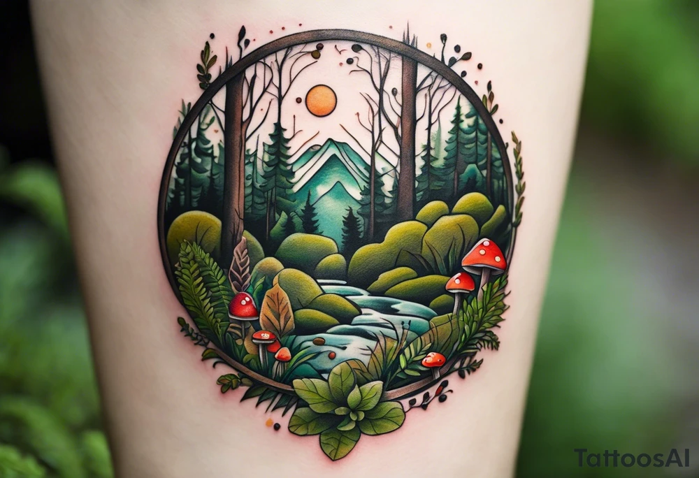 minimalistic forest floor inspired tattoo, which includes grass, moss, curly ferns and dead leaves as the bulk of the tattoo. details to include: forest berries, couple of very small brown mushrooms, a tiny bumblebee flying nearby tattoo idea