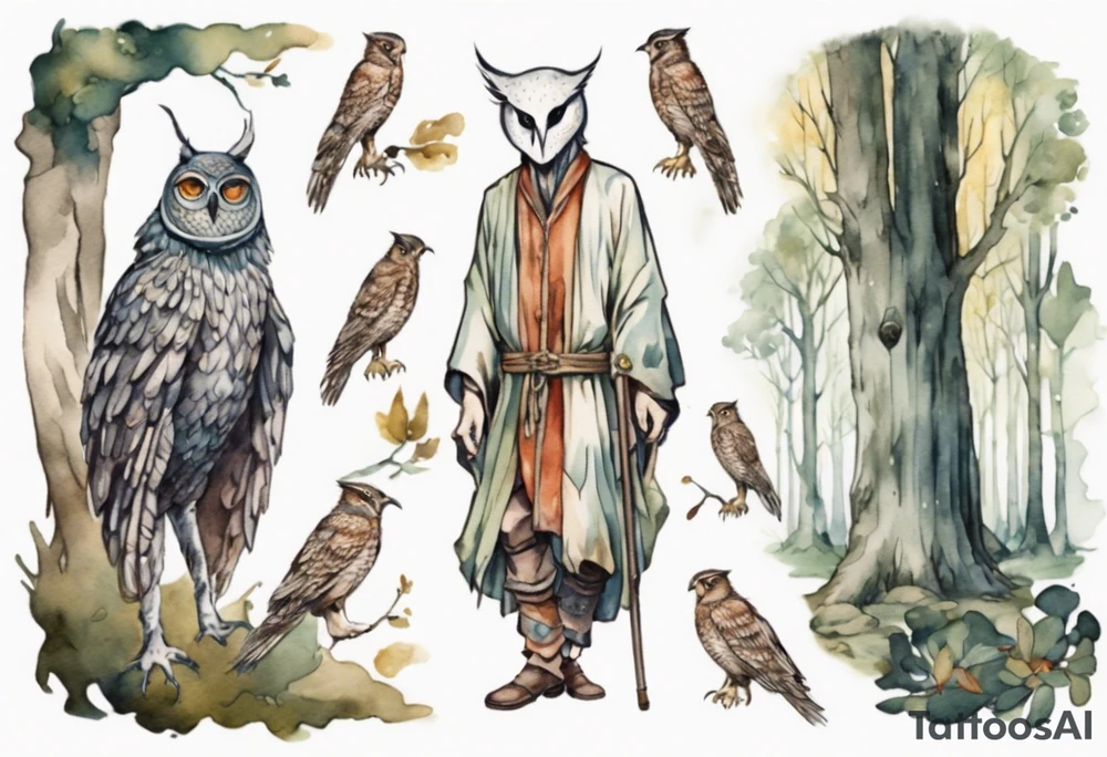 a tall thin man in a medieval tunic wearing an owl mask walking in a forest with the feet of a bird tattoo idea