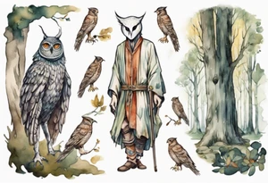 a tall thin man in a medieval tunic wearing an owl mask walking in a forest with the feet of a bird tattoo idea
