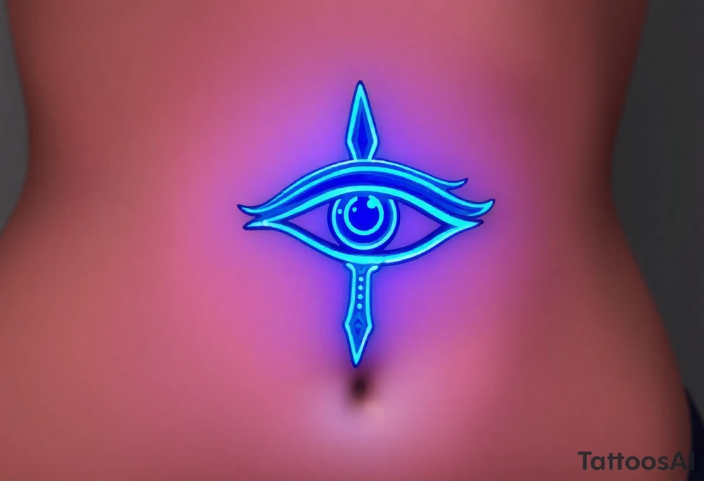 A glowing neon blue Eye of Horus, outlined in white and electric cyan, giving it a futuristic, mystical energy. tattoo idea