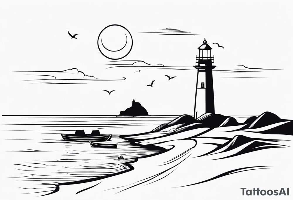 lighthouse  with a beach and sun and small boat tattoo idea