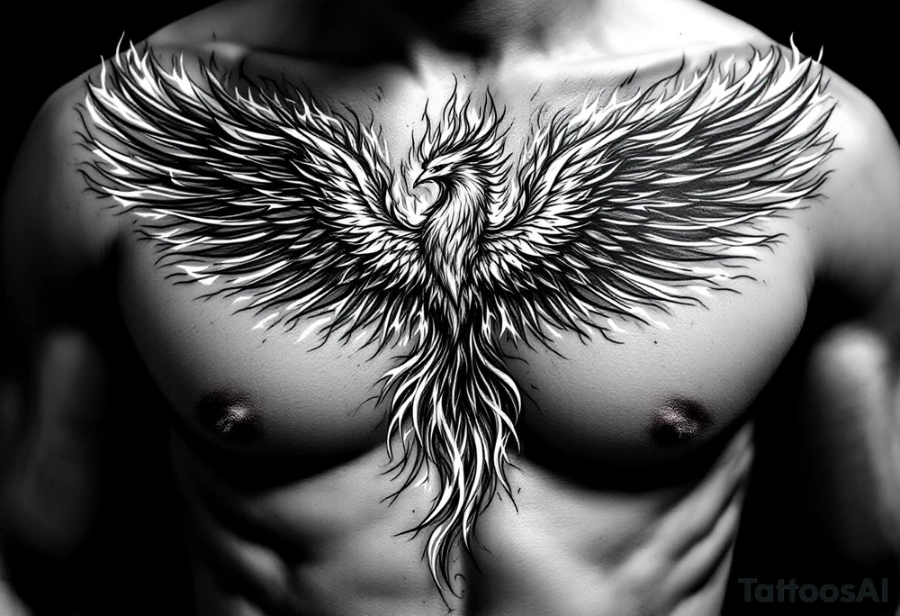 Realistic and symmetrical flaming Phoenix rebirth with spread wings in a down motion surrounded by fire mapped onto chest only.
Phoenix head must be in the middle of the chest, straight and symmetrical.
Fire should be surrounding spread wings
Wings should be spread down only on pectoral muscle towards nipples. tattoo idea