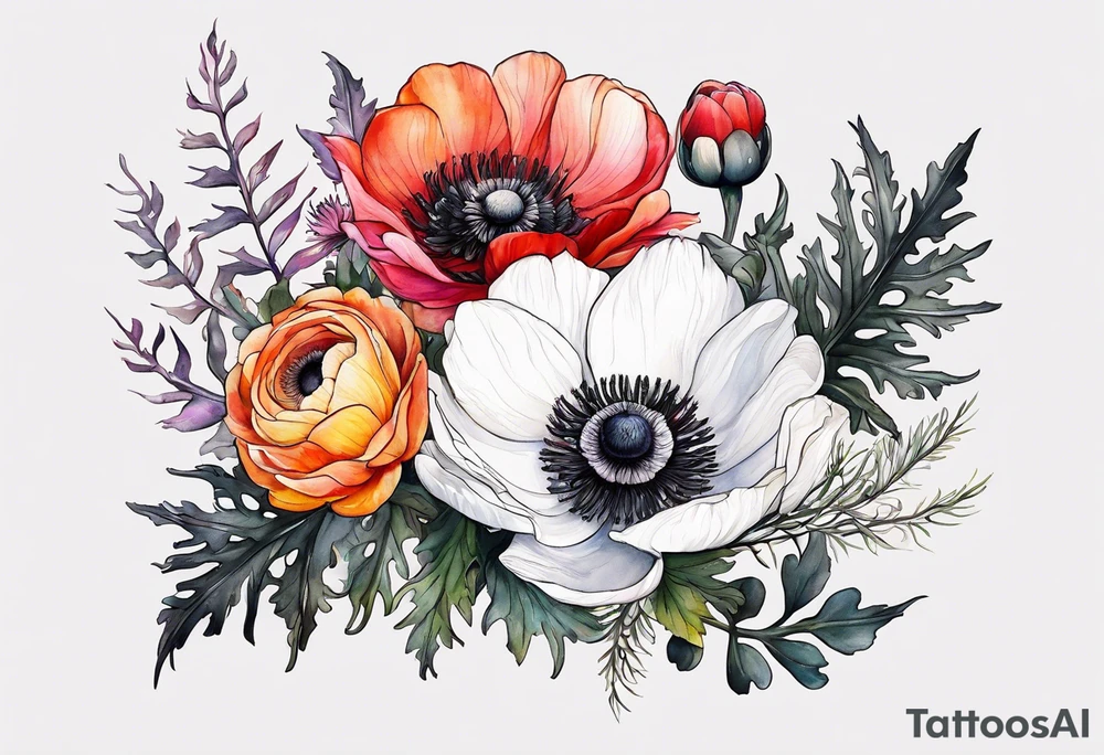 a white anemone with black center with thistles, ferns, ranuculus, sun flowers, red flowers, pink flowers, orange flowers, yellow flowers in watercolor tattoo idea