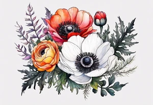 a white anemone with black center with thistles, ferns, ranuculus, sun flowers, red flowers, pink flowers, orange flowers, yellow flowers in watercolor tattoo idea