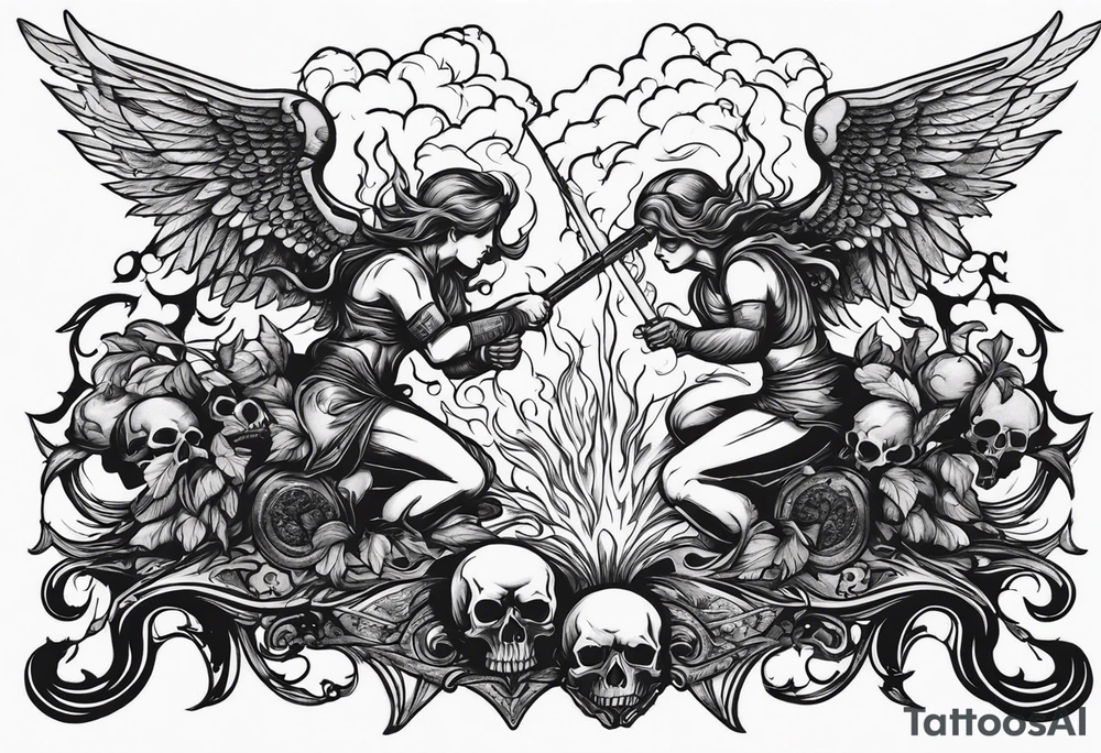 Angels fighting demons over fire with skulls in the background tattoo idea