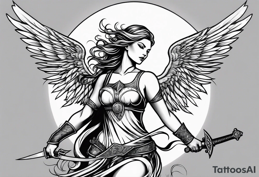 Female angel with sword lightning and lightning eyes tattoo idea
