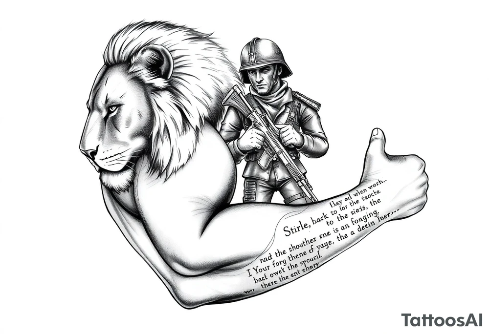 a lion on the shoulder, that transitions into a soldier on the bicep, and then into a bible verse on the forearm tattoo idea