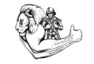 a lion on the shoulder, that transitions into a soldier on the bicep, and then into a bible verse on the forearm tattoo idea