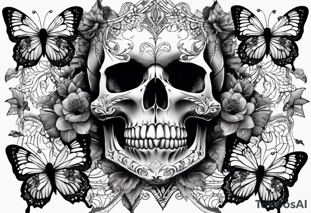 Lace-patterned skull with butterflies tattoo idea