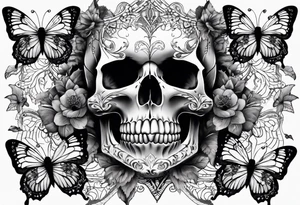 Lace-patterned skull with butterflies tattoo idea