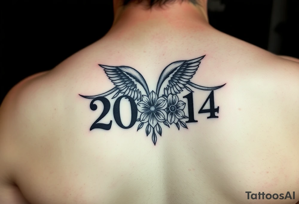 2001 full thigh tattoo with aries sign and angel numbers 1, 2, and 4 with flower tattoo idea
