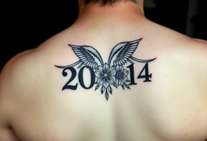 2001 full thigh tattoo with aries sign and angel numbers 1, 2, and 4 with flower tattoo idea