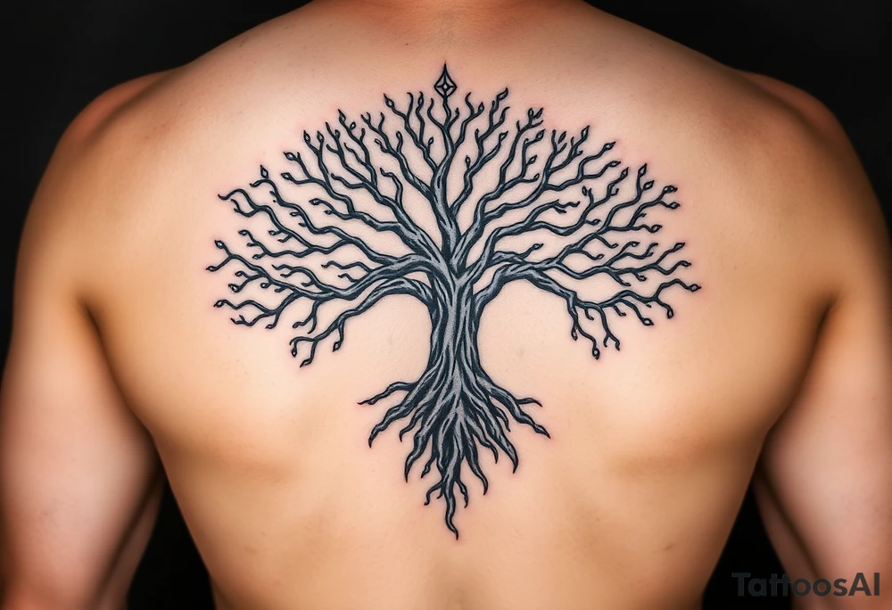 mystical tree of life with cosmic roots and celestial branches tattoo idea