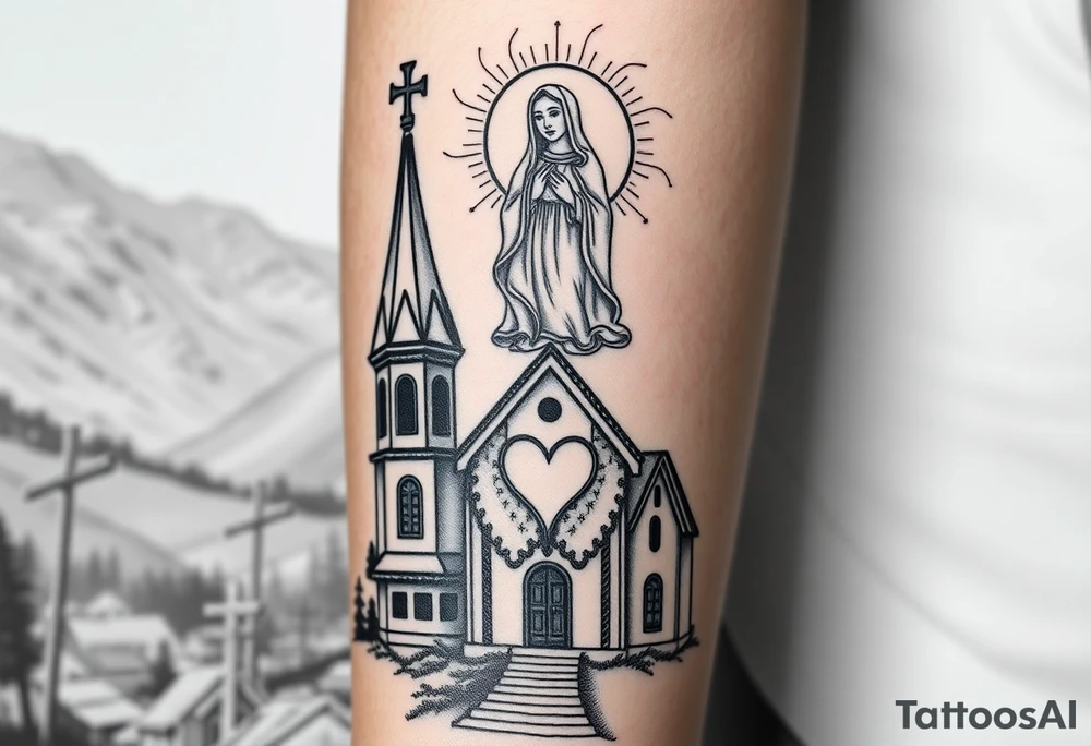 Russian Orthodox church with orthodox spire crosses in a mountainous village setting, with a holy glow around the church, and a virgin mary sat seperately above looking over hands on heart sat above tattoo idea