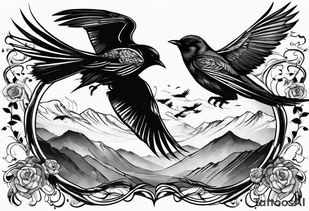 north south with three black birds flying by north tattoo idea