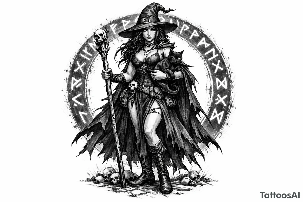 Full body illustration of a witch with a cat, surrounded by a circle of glowing runes. tattoo idea