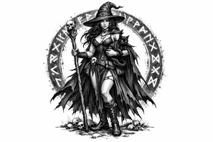Full body illustration of a witch with a cat, surrounded by a circle of glowing runes. tattoo idea