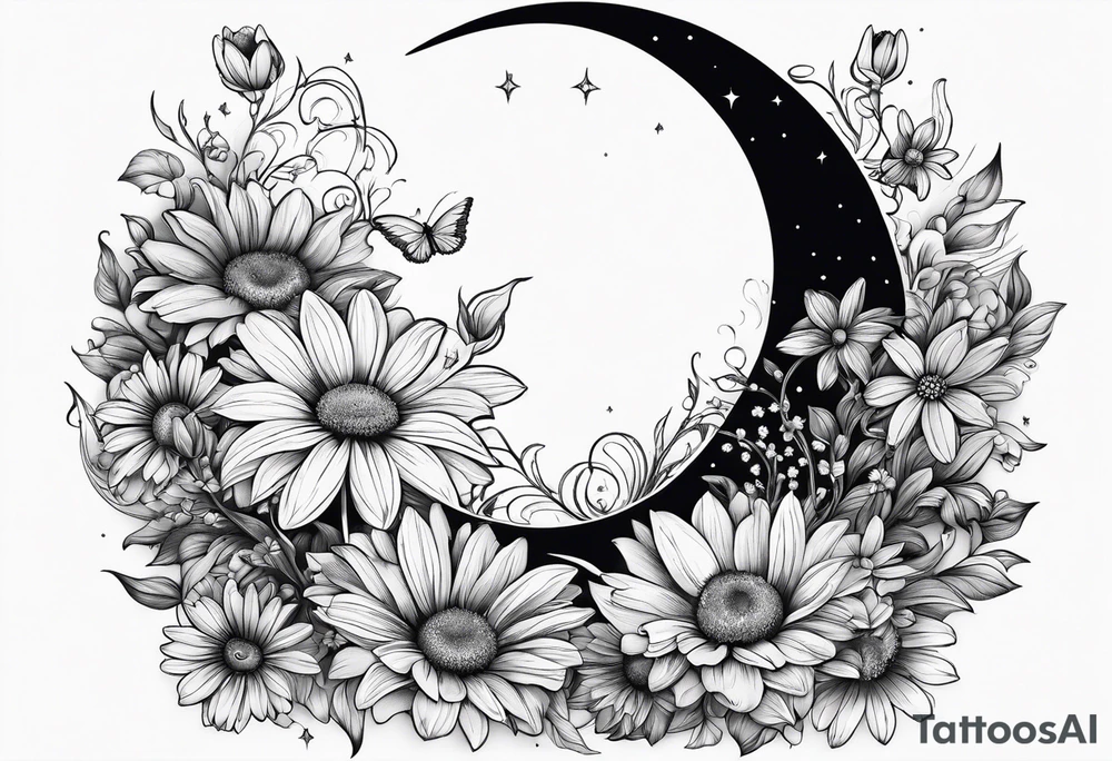 Crescent moon shrouded by beautiful daisies tattoo idea