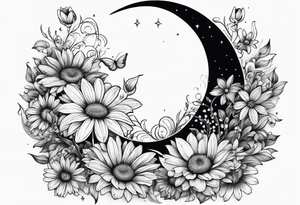 Crescent moon shrouded by beautiful daisies tattoo idea