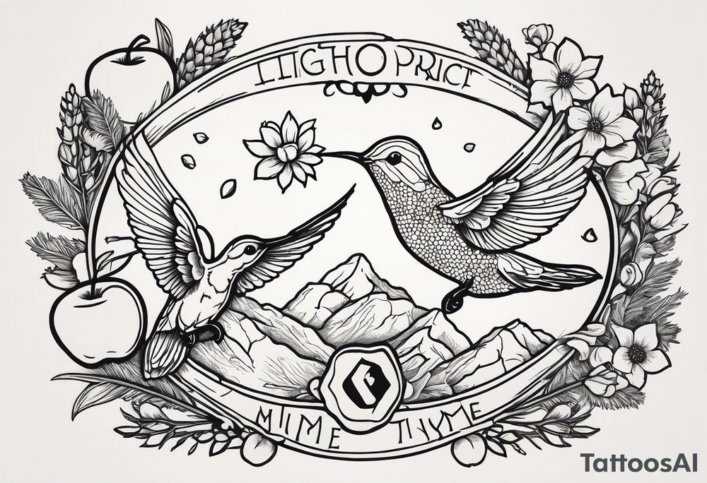 Hops, Rosemary, Thyme, Sage, Juniper, Corn, Wheat, Rose, Sunflower, Cherry blossom, Apple blossom, Honeycomb, Maple leaves, Violet/primrose, Carrot, Cherry, Apple/apple core, Acorns

Hawk, Lightbulb, Hummingbird tattoo idea