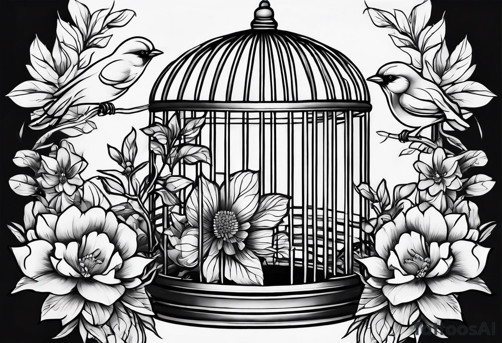 neo traditional foliage and flowers on the left top of a bird cage tattoo idea