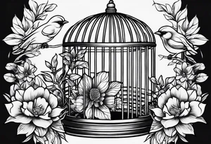 neo traditional foliage and flowers on the left top of a bird cage tattoo idea