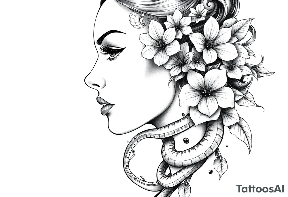 Powerful side profile woman’s face with flowers
And snakes tattoo idea