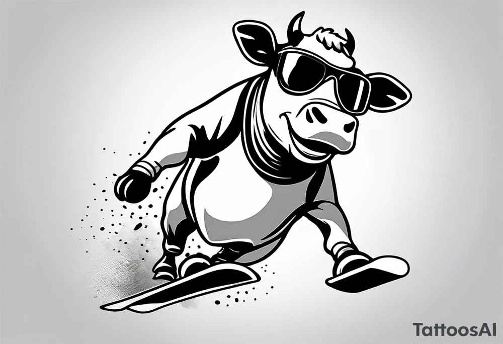 Create a minimalist and dynamic black and white tattoo design featuring a cheerful cow engaged in a snowboarding activity, wearing goggles. Emphasize clean lines and essential details to capture the playful spirit of the scene. The cow should be depicted confidently snowboarding down a snowy slope, with a sense of balance and joy, and wearing stylish goggles. Pay attention to the composition, ensuring that the tattoo design is suitable for a small to medium-sized space. The goal is to convey a lighthearted and whimsical vibe with the addition of the goggles, making the design visually appealing and suitable for tattooing. tattoo idea