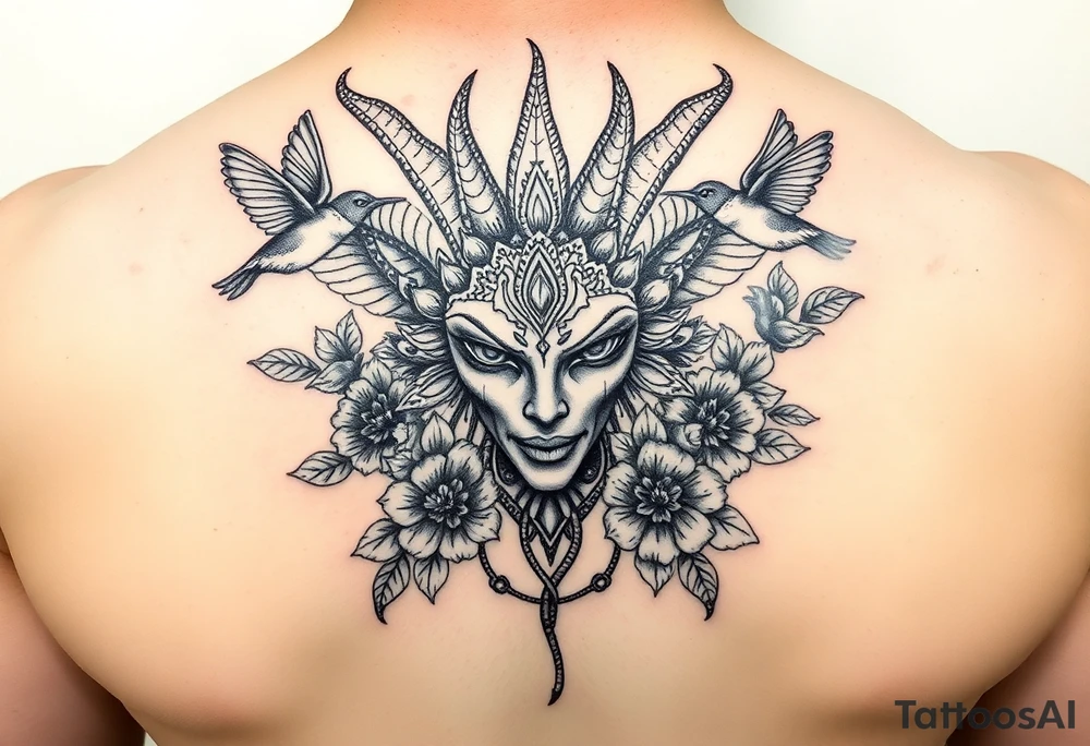 medusa head surrounded by hummingbirds and flowers tattoo idea
