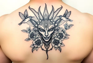 medusa head surrounded by hummingbirds and flowers tattoo idea