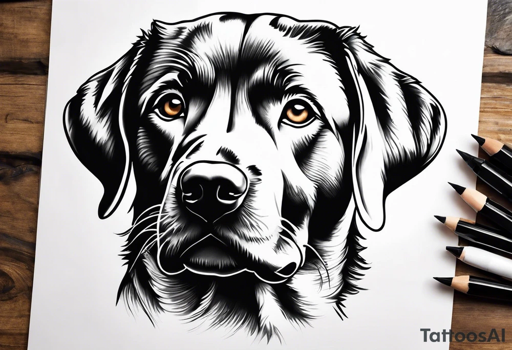 Create a tattoo of a silver labrador's face inside of a paw print in a realism tattoo style. tattoo idea