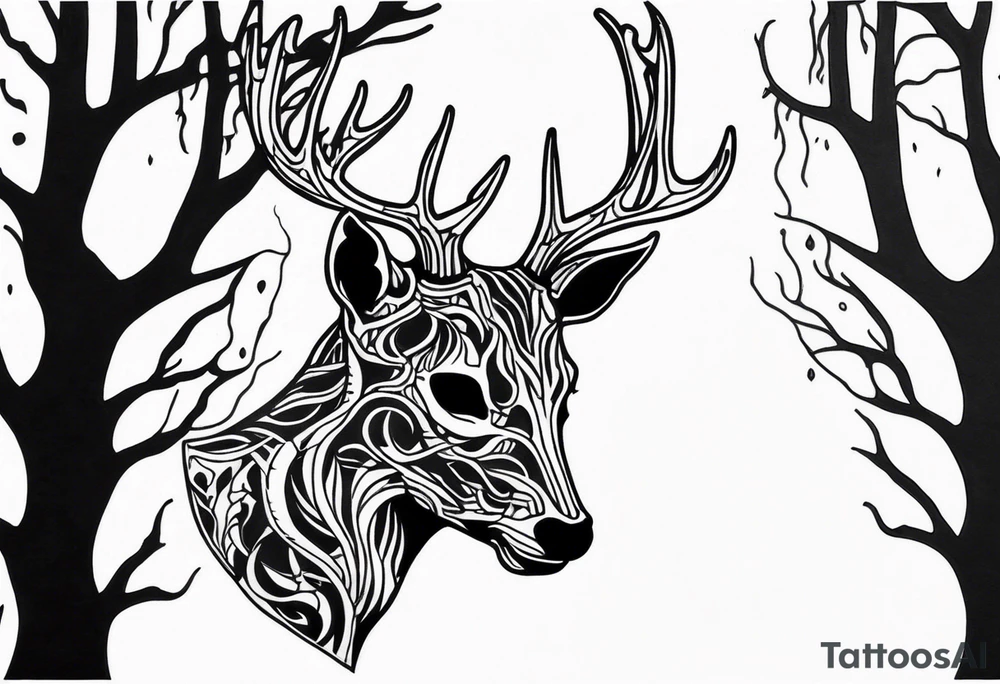 side profile of a rotting deer skeleton JUST BONE surrounded by a flames and trees tattoo idea