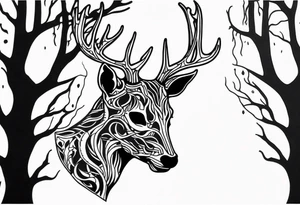 side profile of a rotting deer skeleton JUST BONE surrounded by a flames and trees tattoo idea