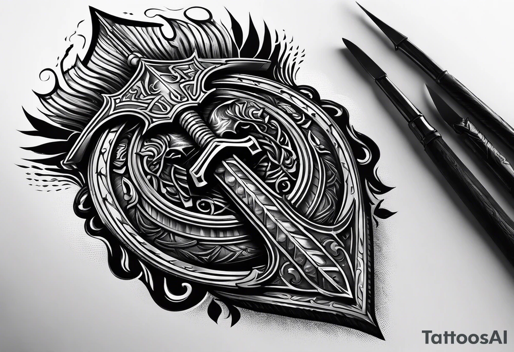 Valhalla sword shield axe mist fog tattoo idea