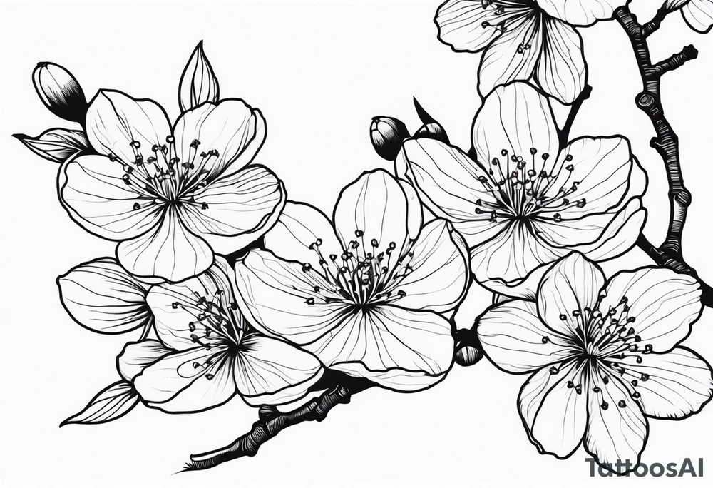 Cherry blossom flowers and branches no color, 3 inches, detailed, dark lines tattoo idea