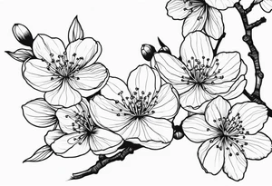 Cherry blossom flowers and branches no color, 3 inches, detailed, dark lines tattoo idea