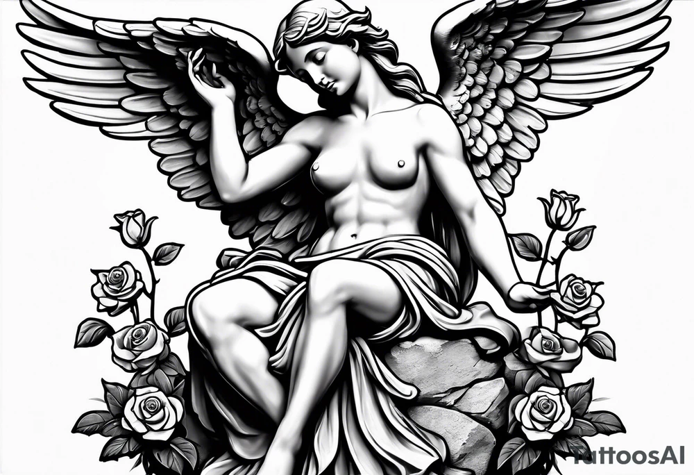 Simple Angel statue stood on a rock with daffodils and roses wrapped around its legs tattoo idea