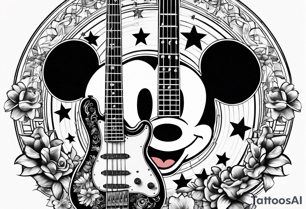 Tattoo full left arm with a collage of a bass guitar, mickey mouse, a caduceus, two stars tattoo idea