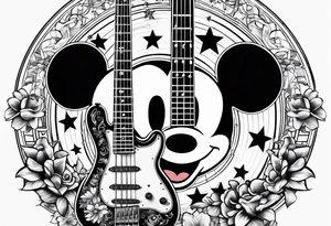 Tattoo full left arm with a collage of a bass guitar, mickey mouse, a caduceus, two stars tattoo idea