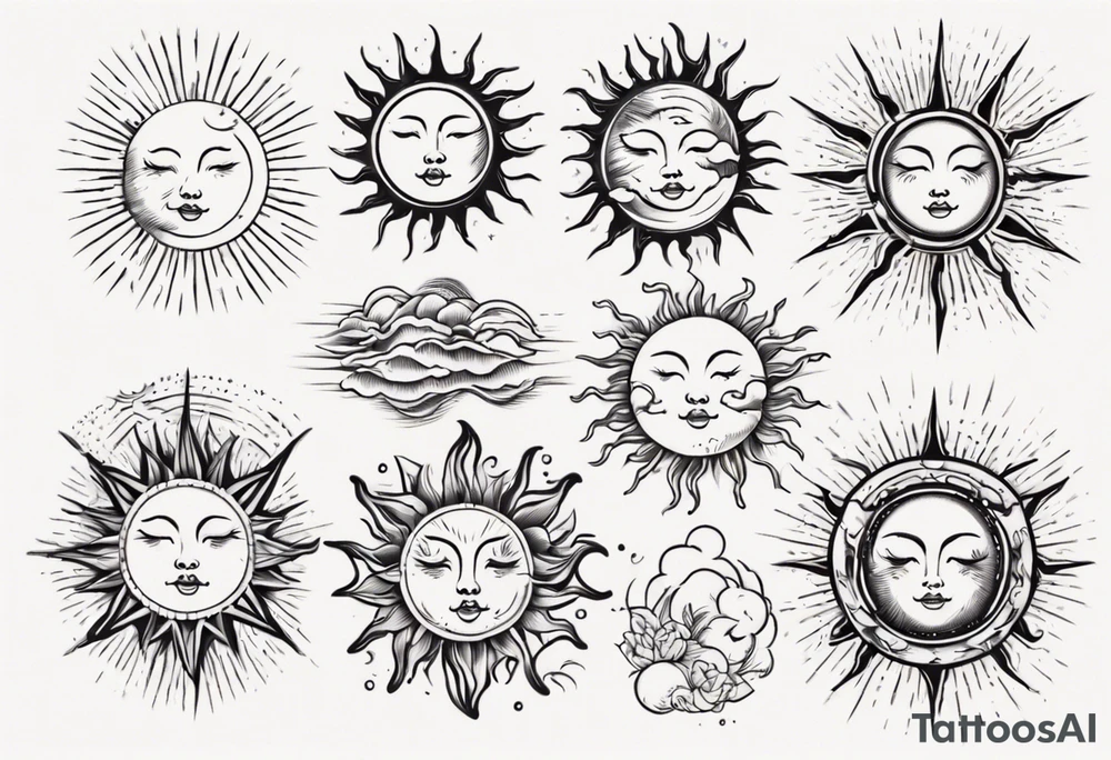 Linework of Sun with rays tattoo idea