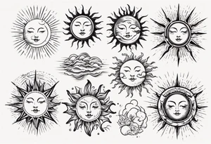 Linework of Sun with rays tattoo idea