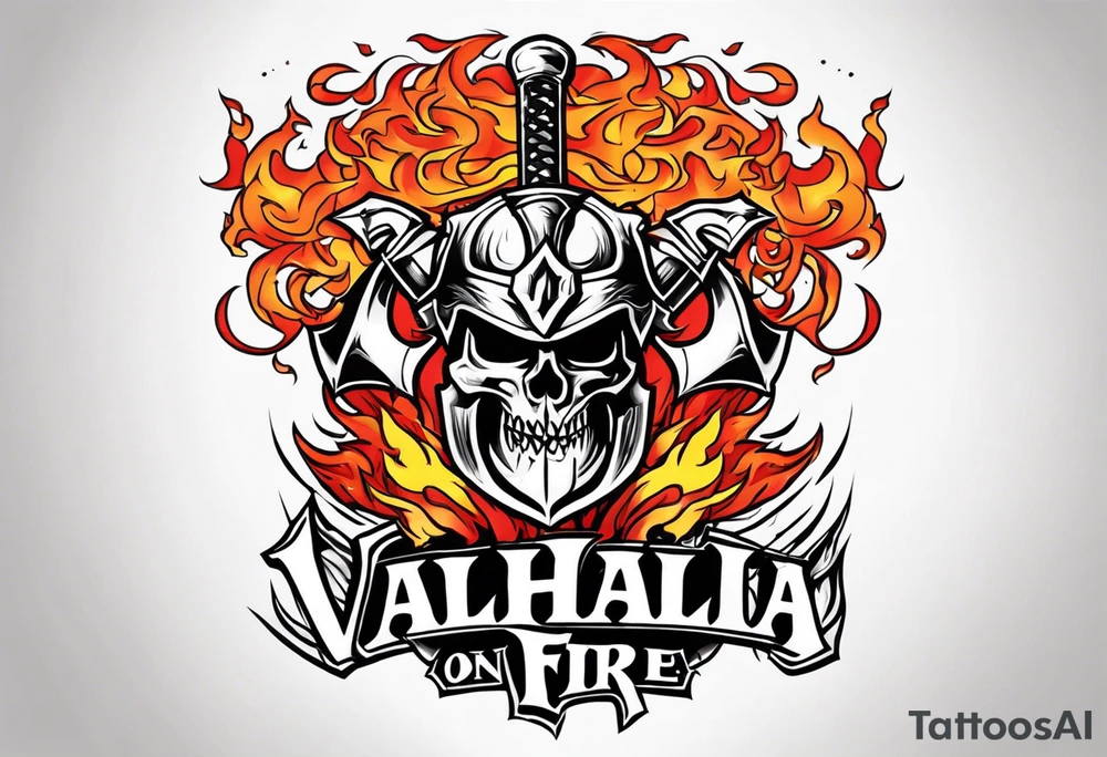 valhalla on fire sword shield axe warrior tattoo idea