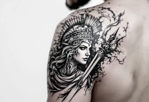 Athena goddess of war and wisdom on women’s upper arm tattoo idea