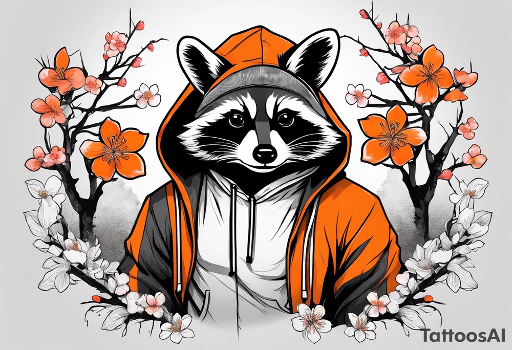 raccoon wearing a black and white Superman hoodie and orange Japanese cherry blossoms tattoo idea
