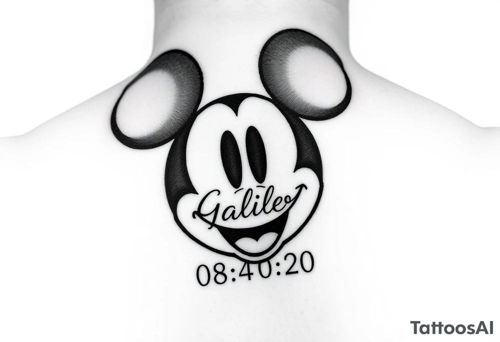 mickey mouse symbol with the name Galileo and the date 08/14/20 incorporated tattoo idea