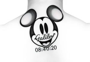 mickey mouse symbol with the name Galileo and the date 08/14/20 incorporated tattoo idea