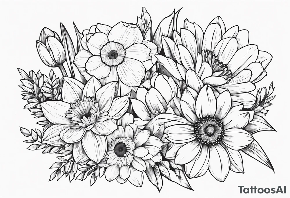 Bouquet of daffodils gerberas and tulips tattoo idea