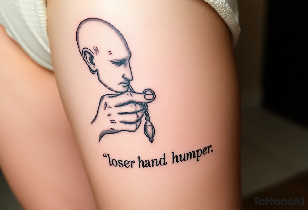 pathetic ugly man full body with small penis masturbating with caption “loser hand humper” tattoo idea